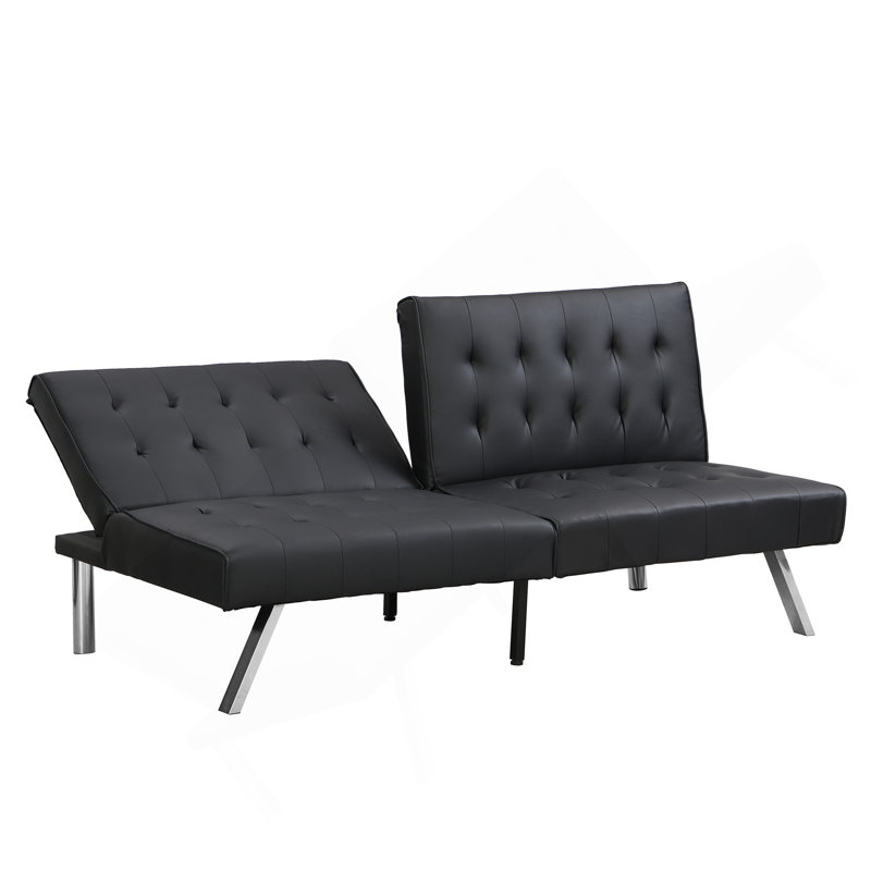 Structure en bois, pieds en acier inoxydable, futon, canapé en PVC noir