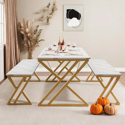 Kitchen Room Table Set with Benches, 44.8" Space-Saving Rectangular Dining Table Set for 4,Sturdy Metal Kitchen Table Set with X Metal Frame Space Saving, Ideal for Kitchen, Apartment, Studio