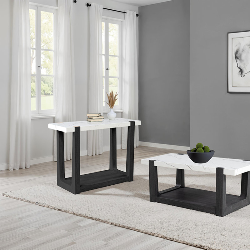 Table de canapé 1pc, plateau en faux marbre à deux tons, Noir