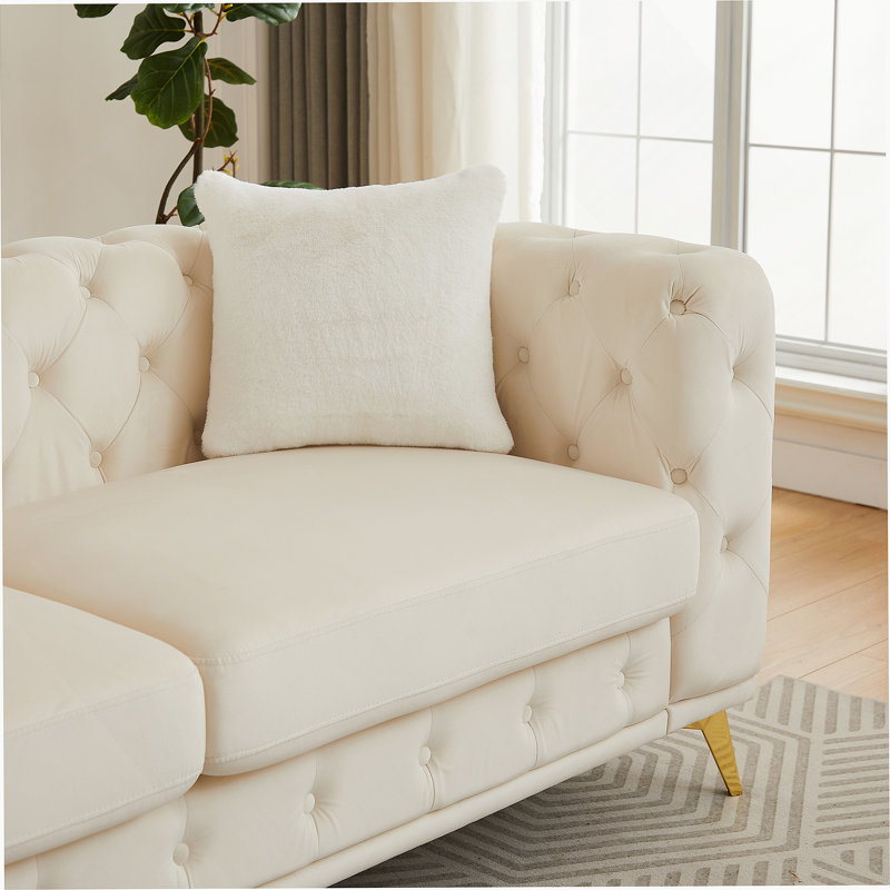 61.25-Inch Modern Luxury Velvet Sofa With Chesterfield Button Tufting And Metal Legs, Includes Two Decorative Pillows., Beige