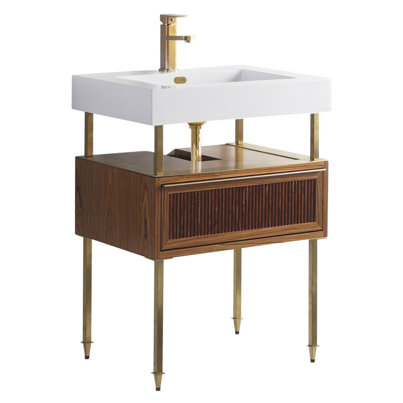 Ensemble de meuble-lavabo simple 24 po Strobel, Laiton satiné, Teck