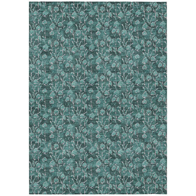 Tapis lavable extérieur bleu sarcelle à motif floral turquoise et ivoire 10 pi x 14 pi