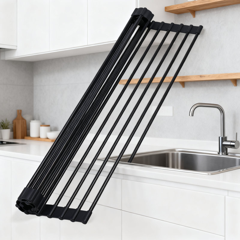 Égouttoir à vaisselle à roulettes sur le lavabo, égouttoir à vaisselle en acier inoxydable enveloppé de silicone avec conception antidérapante, résistant à la chaleur pour la cuisine, comptoir peu encombrant