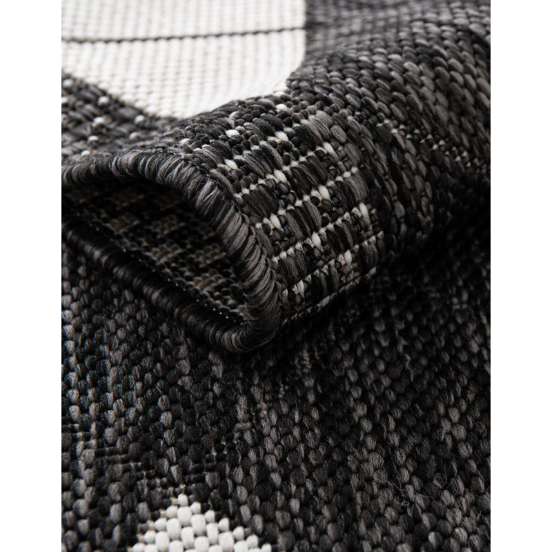 Tapis intérieur / extérieur en polypropylène géométrique tissé à la machine en noir / blanc, Carré 12 pi