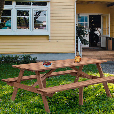 Table de pique-nique en bois brun pour 8 personnes, table de camping en plein air avec 2 sièges, jardin, bricolage avec 2 bancs intégrés, capacité de 2220 lb