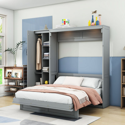 Wood Murphy Bed with Shelves and Wardrobe