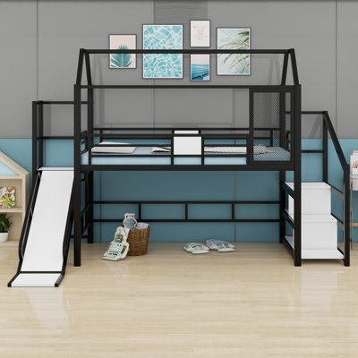 Lit mezzanine House avec glissade et escalier, lit de jeu en métal avec tablettes de rangement