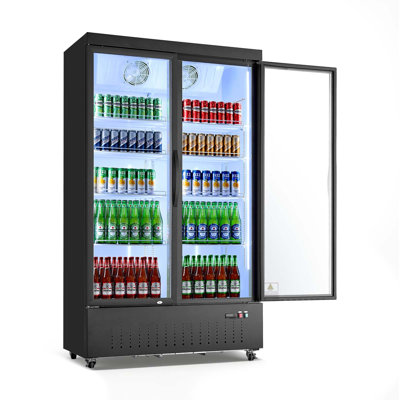 Commercial Merchandiser Refrigerator, 29.3 Cu.Ft / 830L Upright Beverage Cooler, 2 Glass Door Display Refrigerator with 8 Adjustable Shelves, Soft LED Light & Casters for Bars Shops Supermarkets