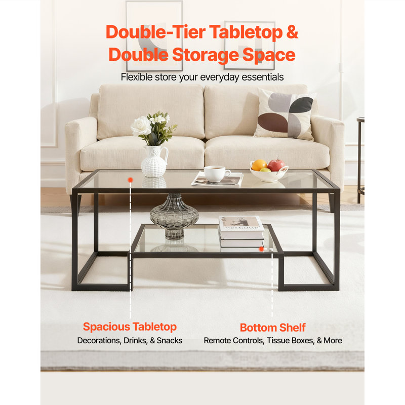Coffee Table, Modern Tempered Glass Coffee Table, 2 Tiers Rectangle Glass Center Desk with Open Storage, Minimalist Sturdy Metal Frame Accent End Desk for Living Room, Office, Easy Assembly