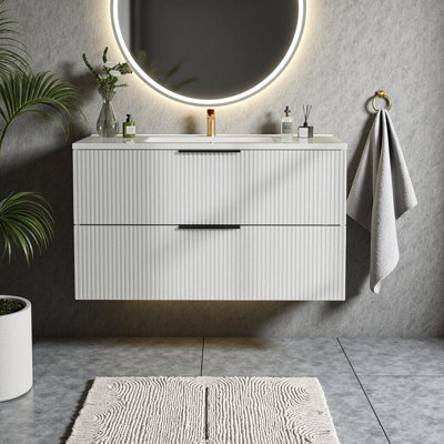 Meuble-lavabo flottant mural 36 po avec lavabo en céramique 36 po - Armoire cannelée à 2 tiroirs, Design moderne - Panneau de fibres à densité moyenne imperméable, tiroir en U pour la plomberie, glissières à fermeture en douceur