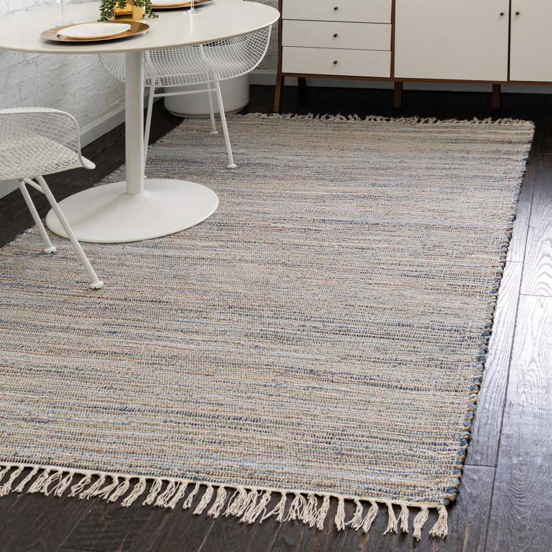 Tapis rayé bleu en coton tissé à plat à la main Holly-Rose, Rectangle 5 pi 1 po x 8 pi