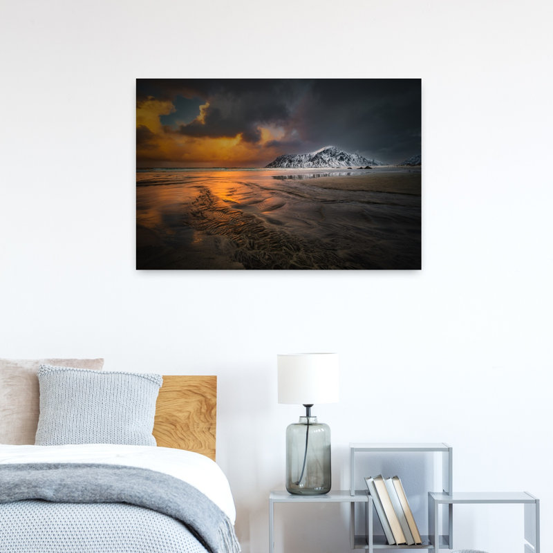 «Snowy Beach Sunset», art dramatique abstrait côtier, H 36 po x l 24 po