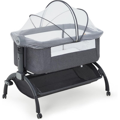 Adjustable Height Baby Bassinet Bedside Sleeper with Baby Co-Sleeper Travel Crib with Detachable Mosquito Net & Storage Basket, Lockable Wheels