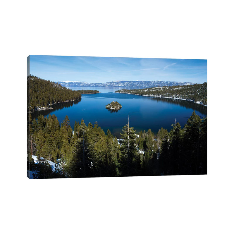 Trees At Lakeshore With Mountain Range In The Background, Lake Tahoe, California, USA I 1 Piece Wrapped Canvas Wall Art