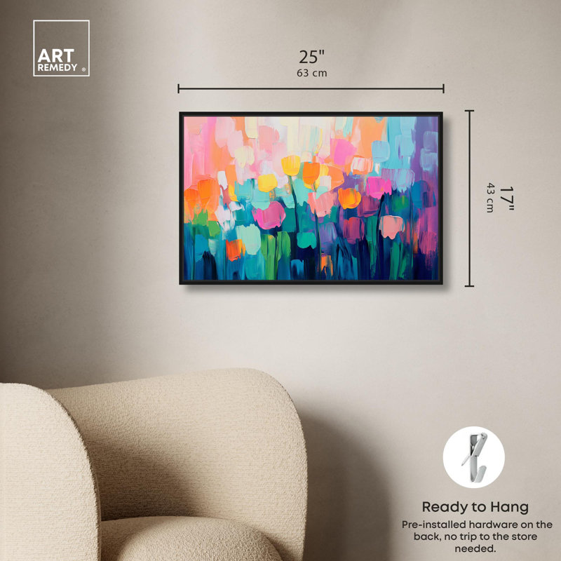 Art, art floral, fleurs abstraites, II, H 17 po x l 25 po, Cadre flottant noir