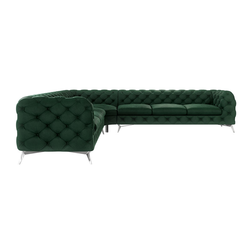 Chesterfield Corner Sofa L-Shape  with Silver Metal Legs, Bottle Green