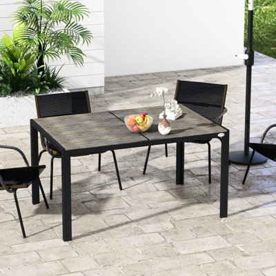 6 tables de patio extérieures, 55 po x 35,5 po, aluminium, plateau en faux bois, pour cour, pelouse, balcon, bord de piscine, aluminium gris avec plateau de table