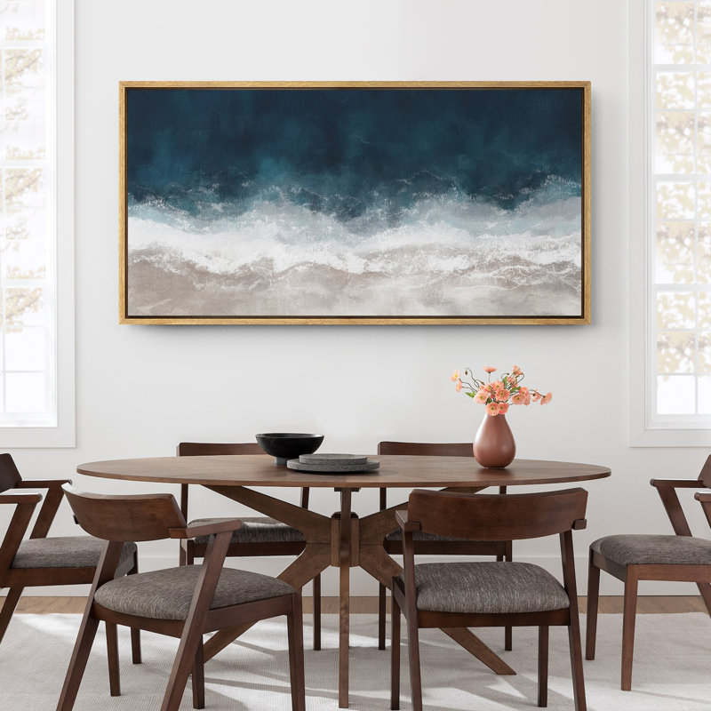 Impression sur toile surdimensionnée encadrée bleu marine, vagues de l'océan sur la plage, H 30 po x l 60 po, Naturel