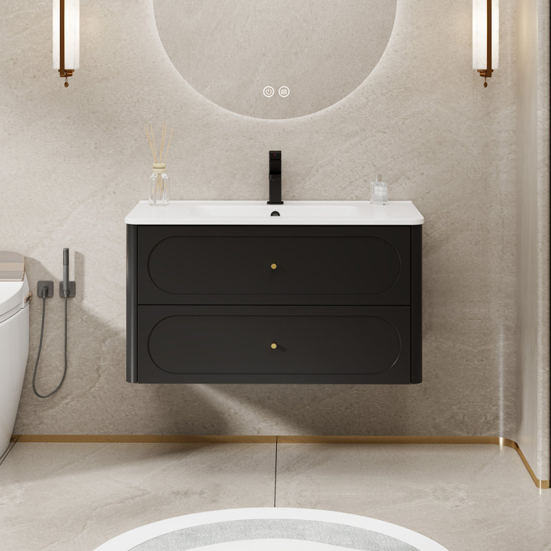 Meuble-lavabo flottant moderne 36 po avec comptoir en résine intégré, meuble-lavabo mural courbé avec 2 tiroirs et quincaillerie en laiton