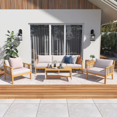 Ensemble de canapé de patio 5 pièces en bois d'acacia de style teck avec coussins beiges, ensemble de conversation en corde tissée à la main avec chaises, table d'appoint et table basse pour le jardin, la cour arrière, la piscine