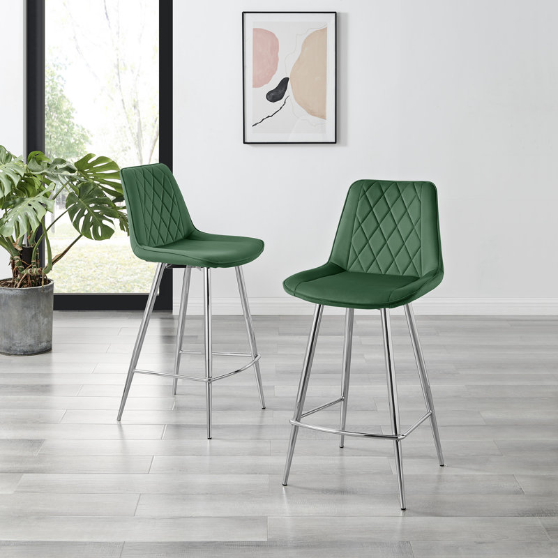 Simsbury Velvet Modern Counter Bar Stools with Tapered Metal Legs & Quilted Diamond Stitching, Silver, Green