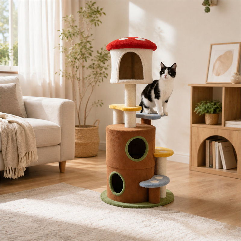 Une structure principale robuste et épaisse ; une grande plateforme d'appartements intégrant une échelle ; un arbre à chat multifonctionnel et amusant en forme de champignon.