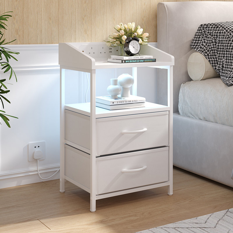 2-Drawer Nightstand with Charging Station & RGB Light Strip, Fabric Drawers, White