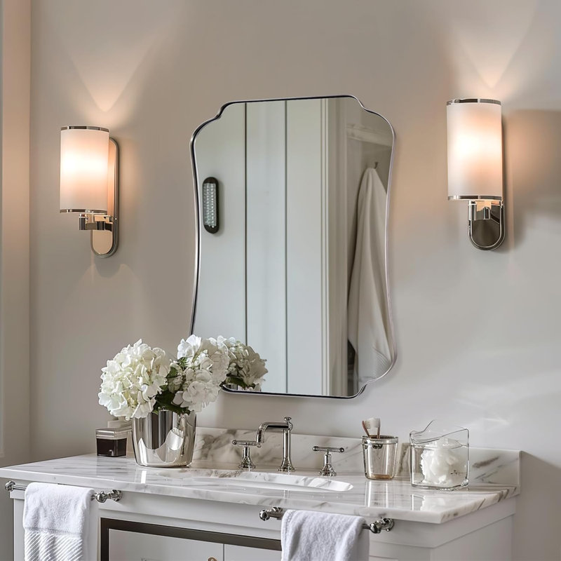 Miroir de salle de bain Contemporary Cadre en acier inoxydable, 32 po x 24 po, Nickel brossé