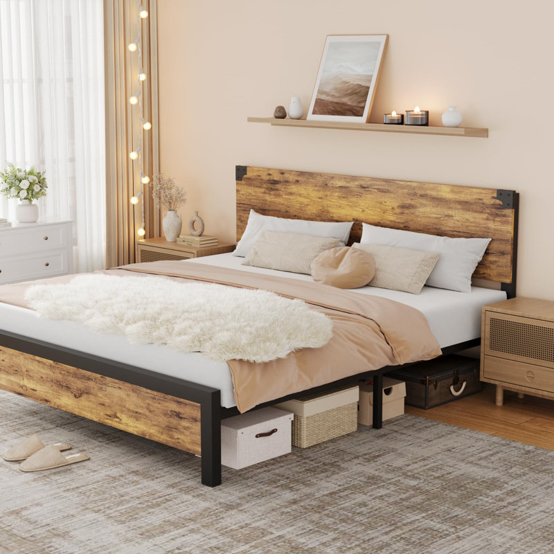 Bed Frame With Wood Headboard, Platform Bed Frame, King