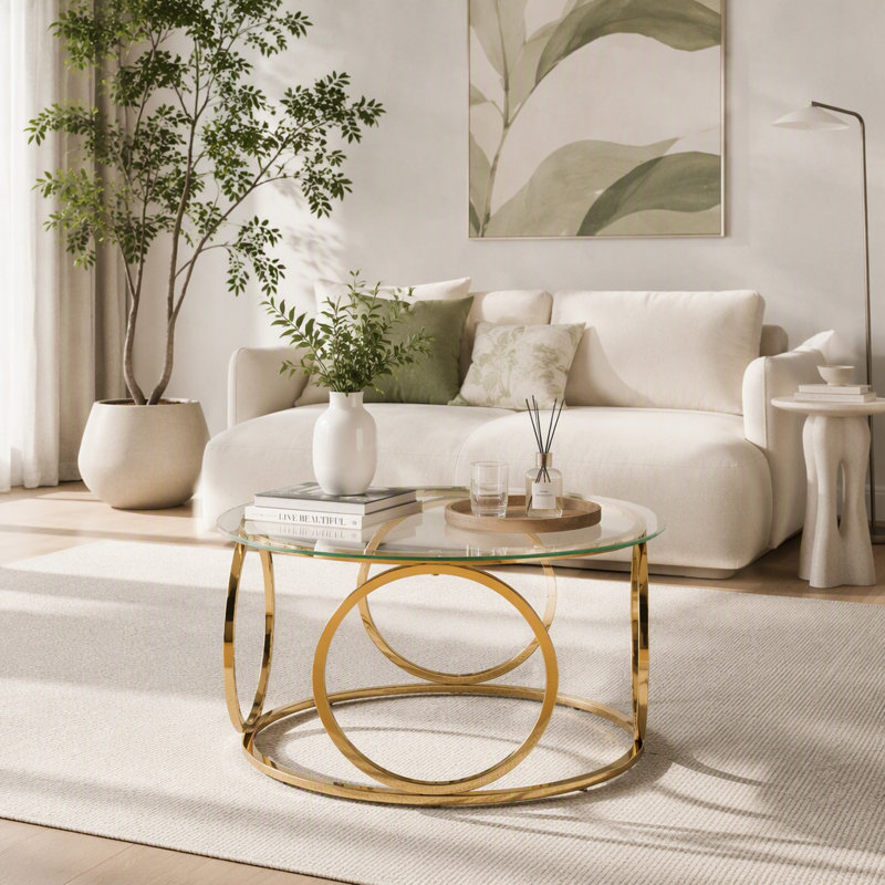 Table basse ronde en verre de 80 cm avec cadre métallique circulaire, Gold&Clear