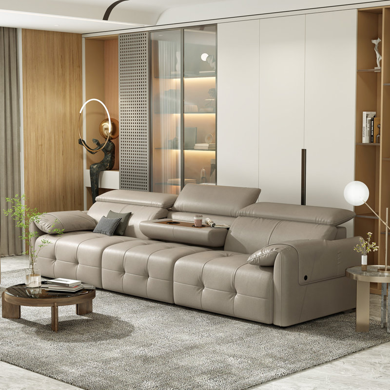 122" Genuine Leather Modern Modular Sofa with Adjustable Headrest and Cupholder, Beige