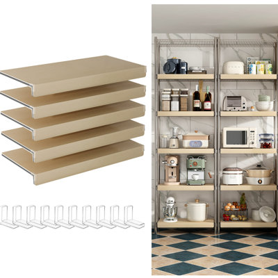 Lot de 5 protections de grilles métalliques en mousse de 61 cm (24 pouces) couleur chêne pour étagères de garde-manger, placards, salle de bain, cuisine, aspect bois, 10 supports d'angle droits en acrylique pour étagères de couleur contrastante, pièces