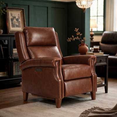 Genuine Leather Power Recliner with Adjustable Headrest, Rolled Arms & Nailhead Trim