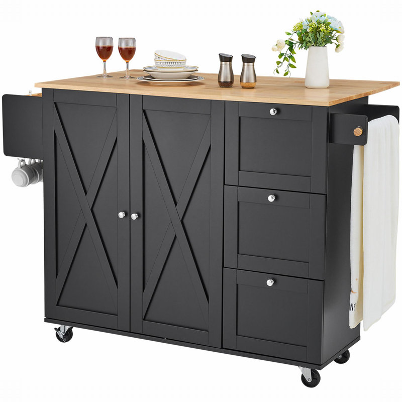 45.3'' Kitchen Island On Wheel With Drawer, Black