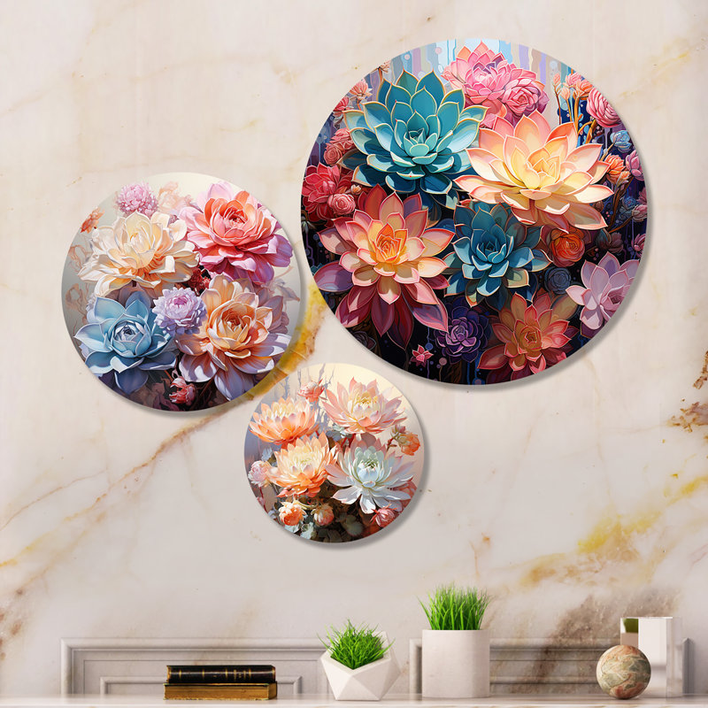 Impression murale succulente colorée et romantique II sur métal, impression de 3 pièces