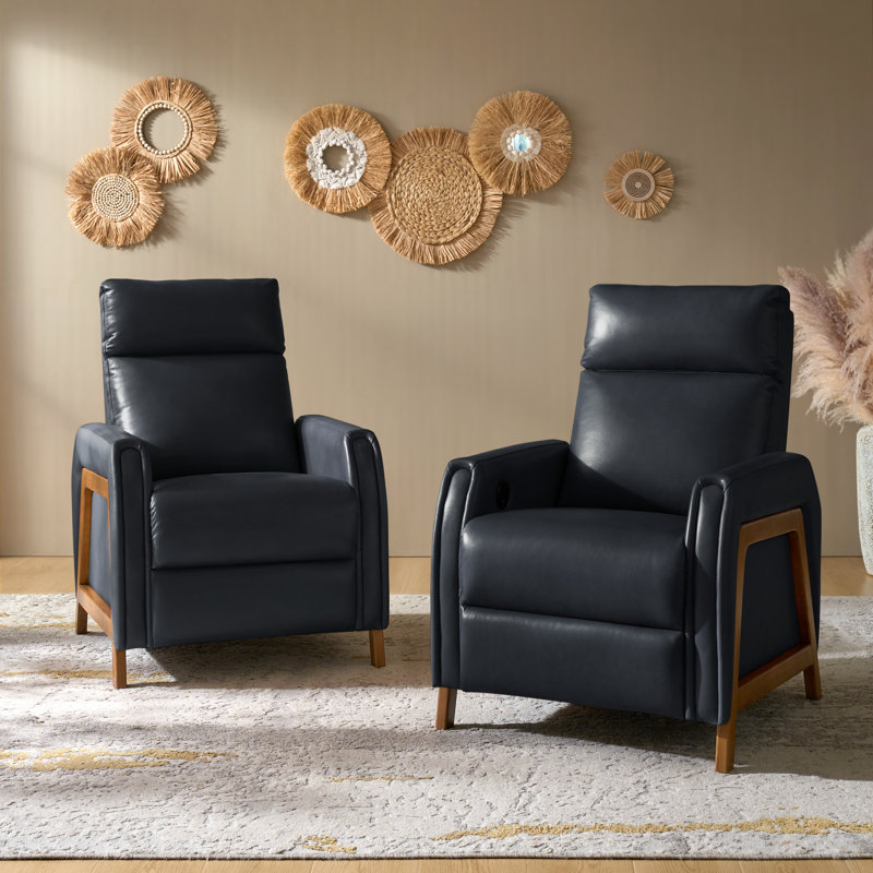Ean 29" Genuine Leather Power Recliner with Charging Ports(Set of 2), Navy