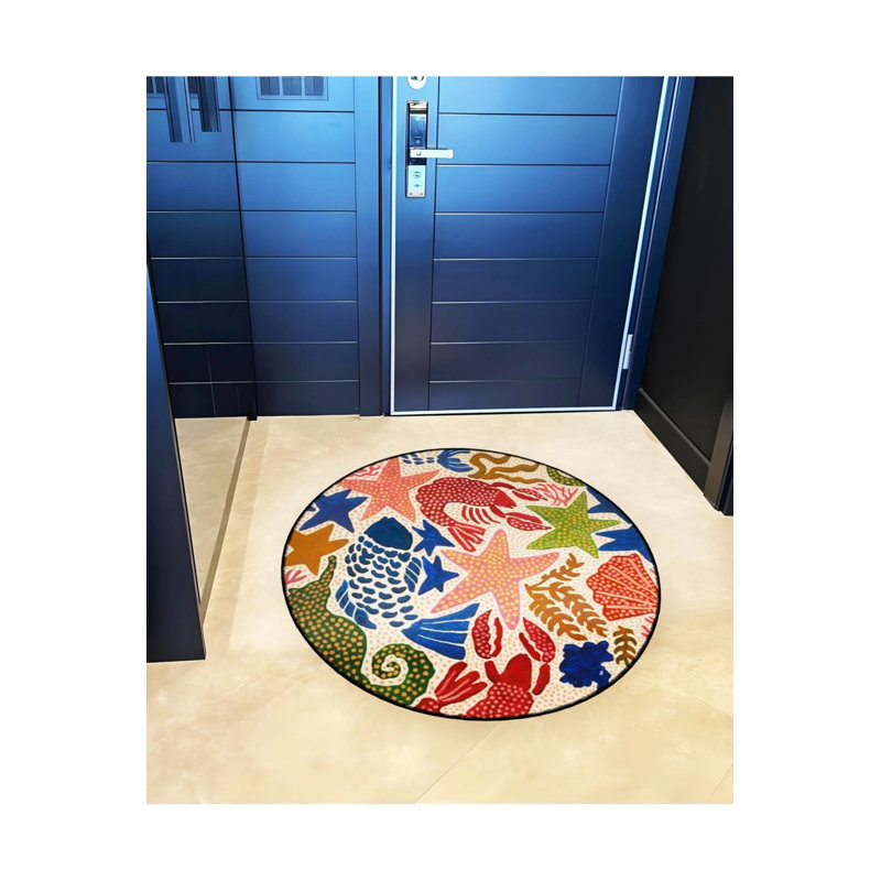 Multicolored Starfish Patterned Woven Base Modern Decorative Carpet, Round 4'