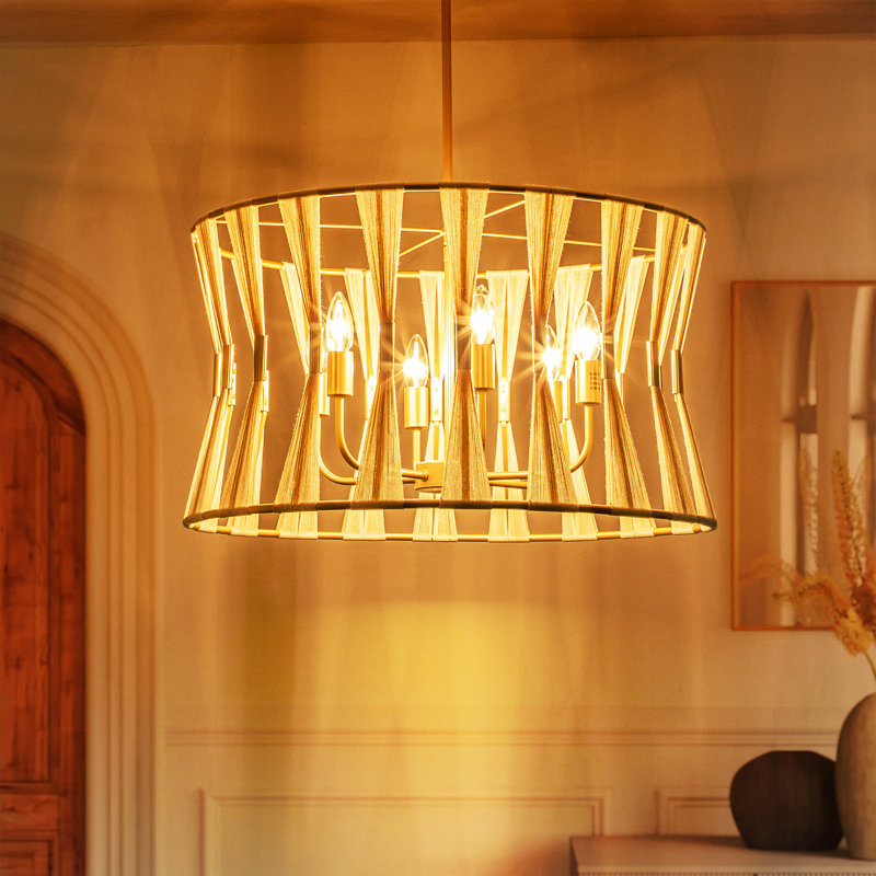 Renessa 6-Light Hand-Wrapped Rope Drum Chandelier, Brass/Beige