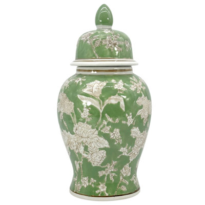 White & Green Chinoiserie Ginger Jar 14"