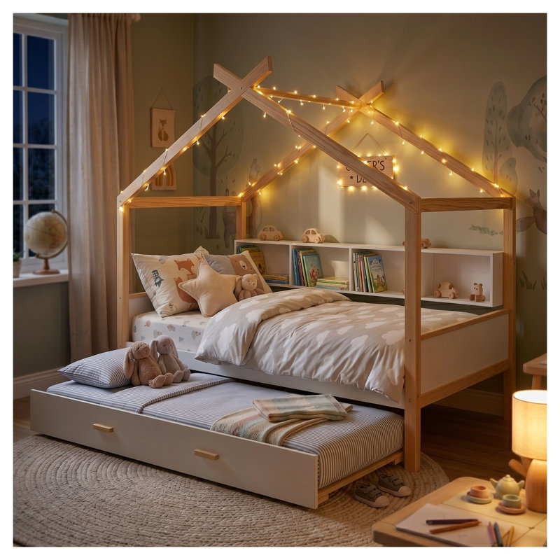 Lit maison blanc en bois pleine grandeur avec accents de couleur bois original, Twin