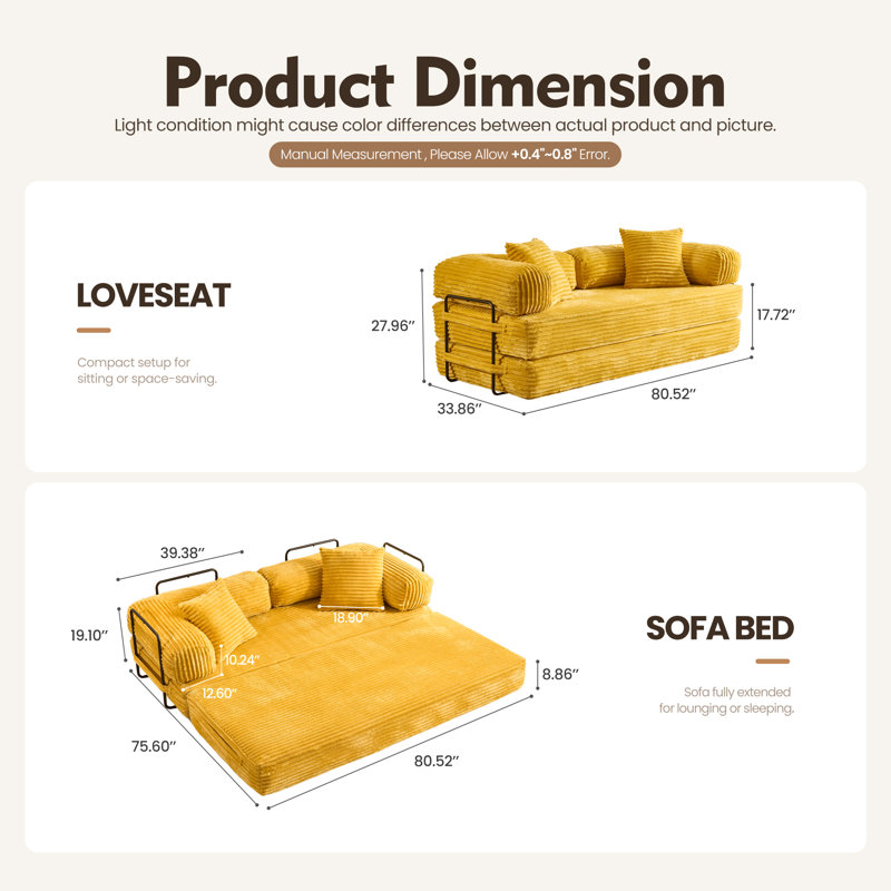 Boneless 80.5'' Mordern Convertible Sleeper Sofa Corduroy Loveseat Sofa Bed, Foldable Floor Couch, Yellow