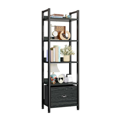 5 Tier Bookshelf With Drawer, Kitchen Bakers Rack With Storage, Tall Narrow Bookcase