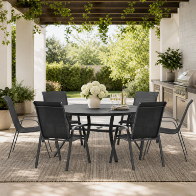 Ashville 6 Person Outdoor Round Patio Dining Set With Stackable Textilene Chairs