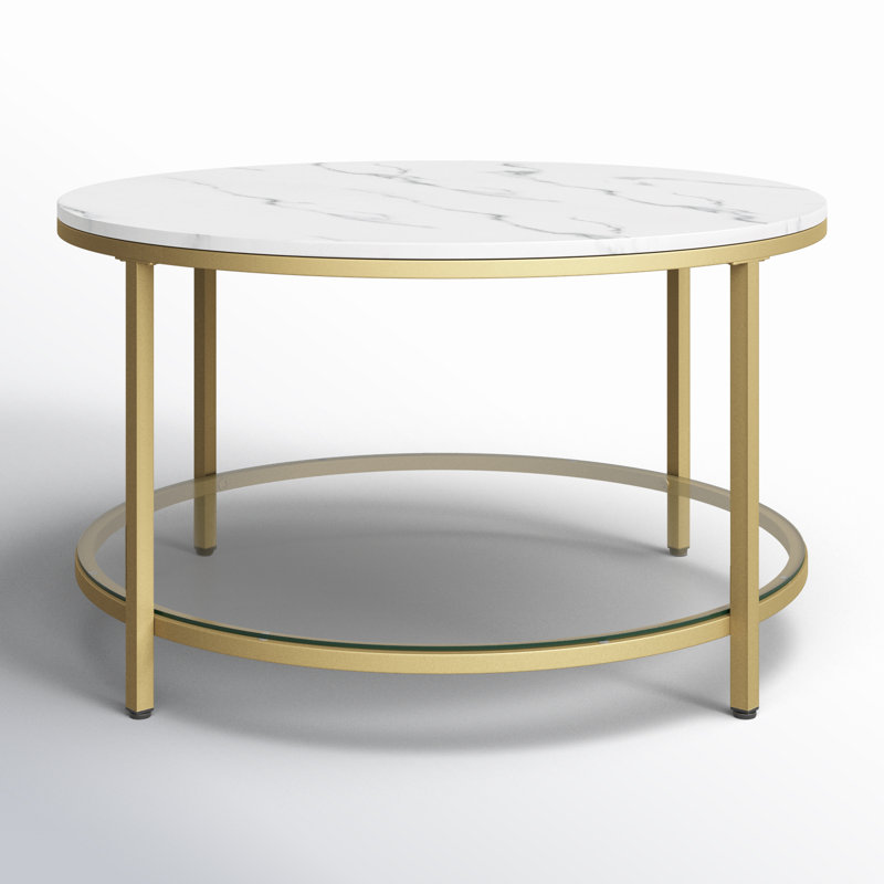 Aubra Round Coffee Table with Storage, White Top/ Gold Base