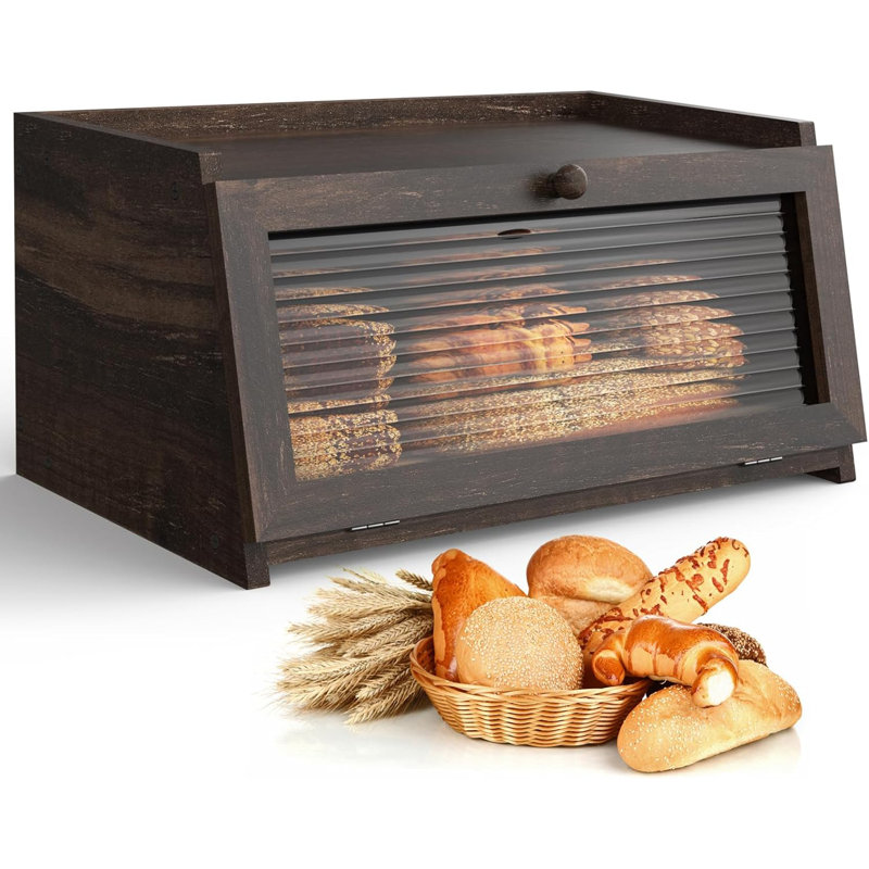 Large Dark Brown Wooden Bread Box with Window