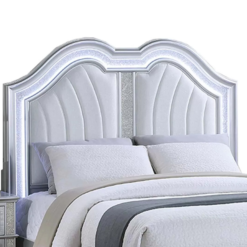 Lit double Mody avec DEL, banc de pied de lit, revêtement en tissu argenté, gris