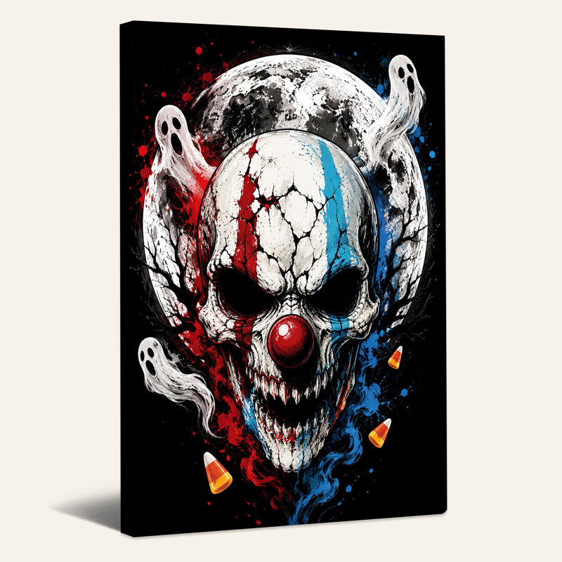 " Scary Clown Skull With Ghosts And Candy Corn Halloween " Painting Print, 18"H x 12"W
