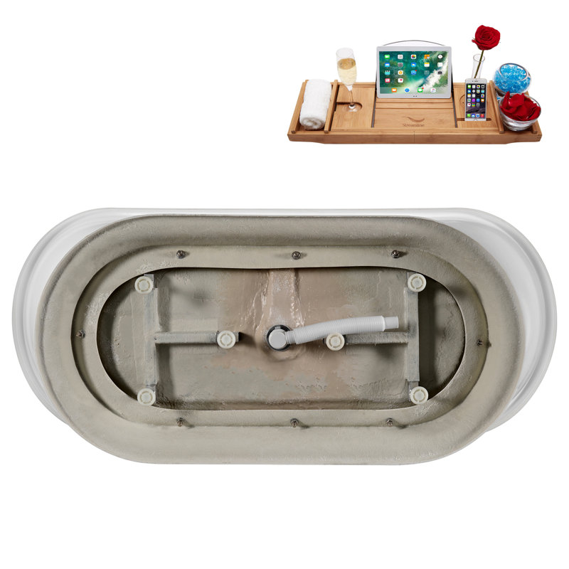 Baignoire de trempage autoportante en acrylique 70 po, plateau en bambou, drain, Laiton brossé