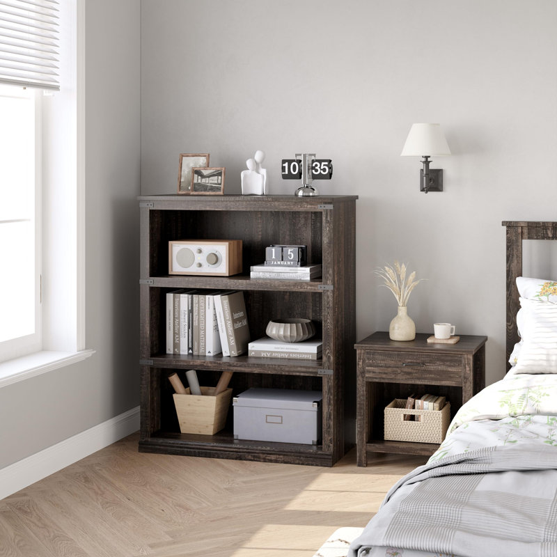 3 Tier Bookcase, Farmhouse Book Shelf with Storage, Low Book Case Wooden 3 Shelf Bookcase, Dark Oak