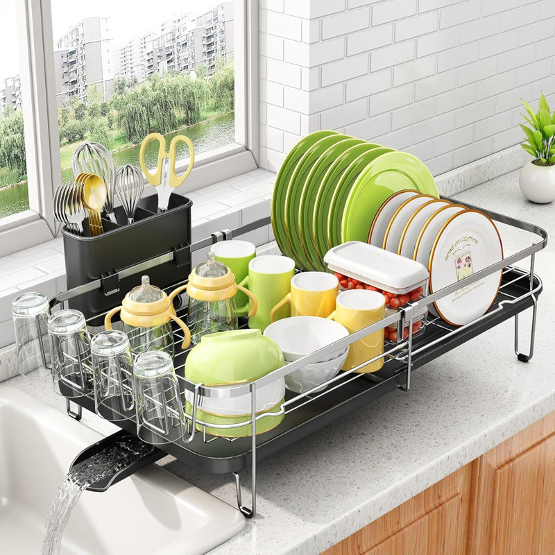 Égouttoir à vaisselle extensible pour comptoir de cuisine, égouttoir à vaisselle en acier inoxydable avec porte-ustensiles et porte-gobelet, égouttoir à longueur réglable pour un rangement peu encombrant